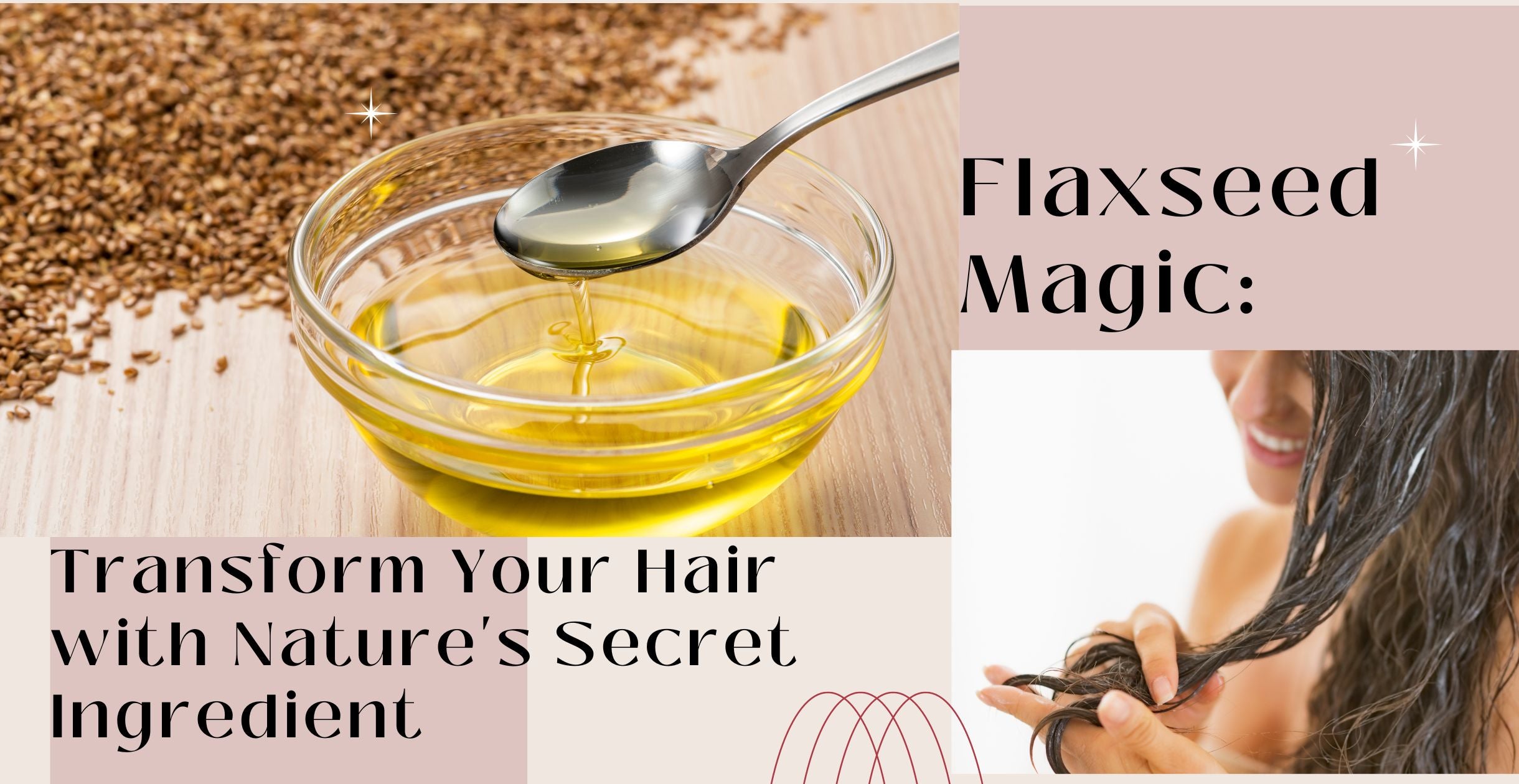 The image is a promotional graphic centered around the benefits of flaxseed for hair care, titled 'Flaxseed Magic: Transform Your Hair with Nature's Secret Ingredient.' The composition is divided into sections. The upper left corner features a close-up of brown flaxseeds scattered around a small, clear glass bowl filled with a golden-yellow liquid, presumably flaxseed oil. A silver spoon is partially submerged in the oil, with a glistening drop clinging to its edge, emphasizing the oil's texture and richness. The background is a warm, light-brown wooden surface. The upper right corner displays the title text in a bold, elegant font against a pale lavender background, accented with small sparkling star icons. The lower left corner repeats the tagline 'Transform Your Hair with Nature's Secret Ingredient' in a similar font, but larger and set against a darker, more saturated lavender backdrop. Finally, the lower right corner shows a woman with long, wavy brown hair, actively applying a shiny, viscous substance – likely a flaxseed hair mask – to her wet hair. Strands of hair are highlighted with a reddish-brown tone, suggesting improved color and shine. The overall aesthetic is natural, healthy, and inviting, aiming to appeal to individuals seeking natural hair care solutions. The image uses a soft, warm color palette and focuses on visual cues of nourishment and transformation.