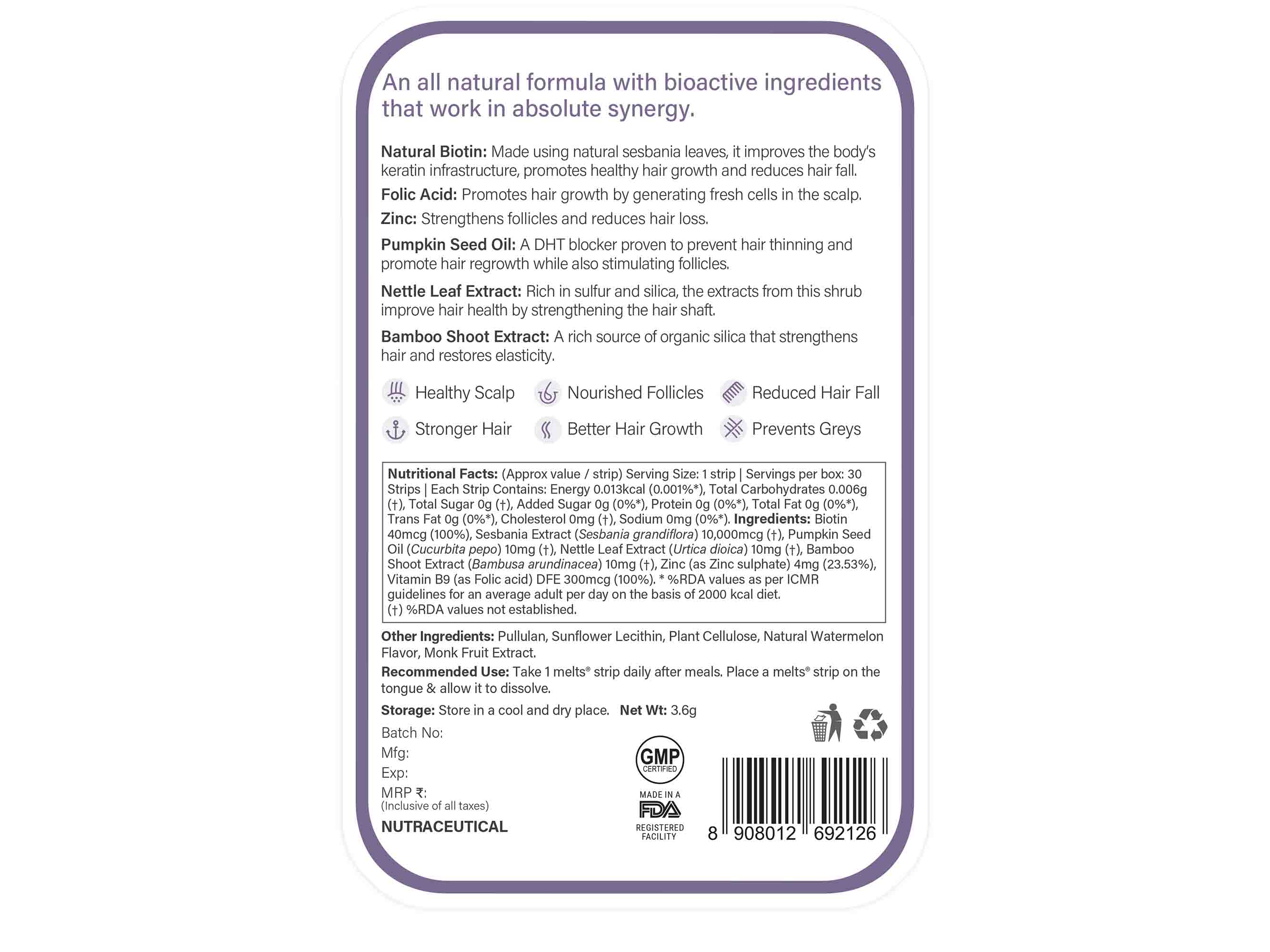 Wellbeing Nutrition Melts Into Healthy Hair Oral Strip - Tropical Watermelon Flavour-Clinikally