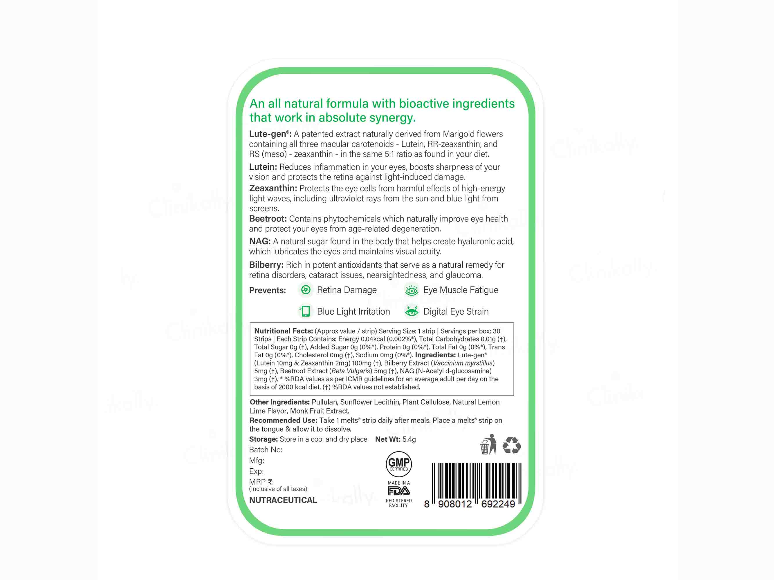 Wellbeing Nutrition Melts Into Eye Care Oral Strip - Zesty Lime & Lemon Flavour-Clinikally