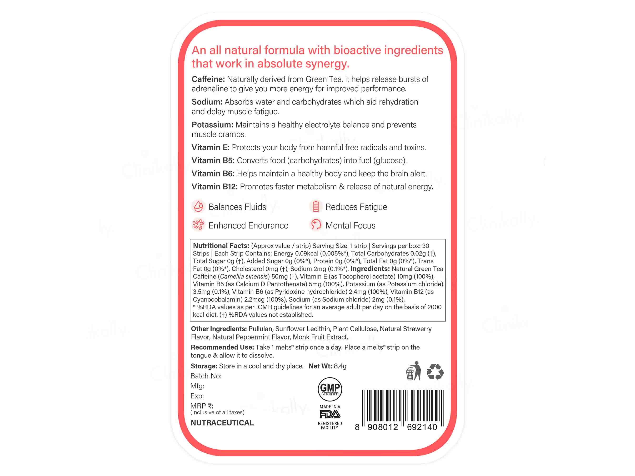 Wellbeing Nutrition Melts Into Instant Energy Oral Strip - Strawberry Mint Flavour-Clinikally