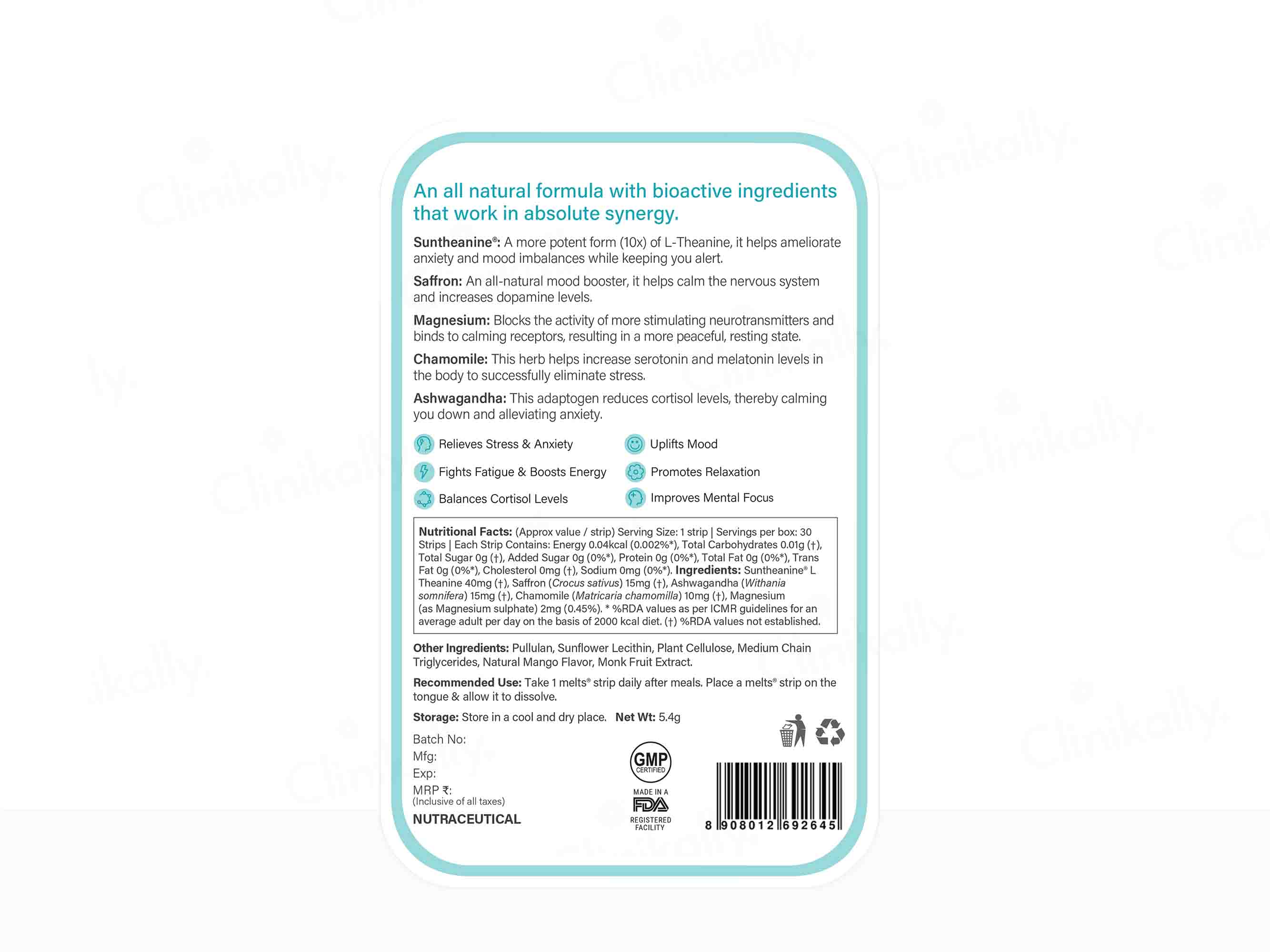 Wellbeing Nutrition Melts Into Calm & Relaxation Oral Strip - Soothing Mango Flavour-Clinikally