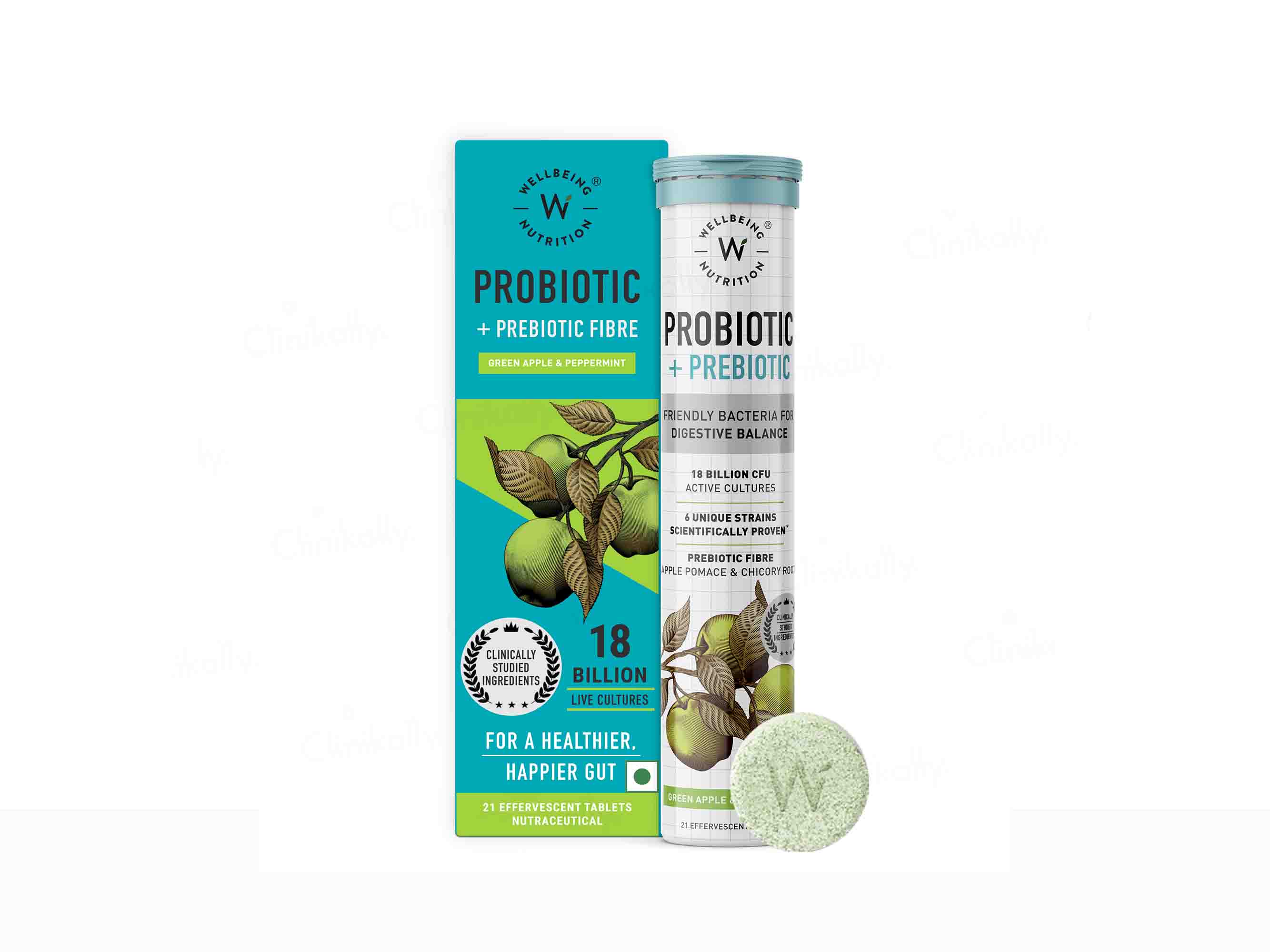 Wellbeing Nutrition Probiotic + Prebiotic Tablet - Green Apple & Peppermint Flavour - Clinikally