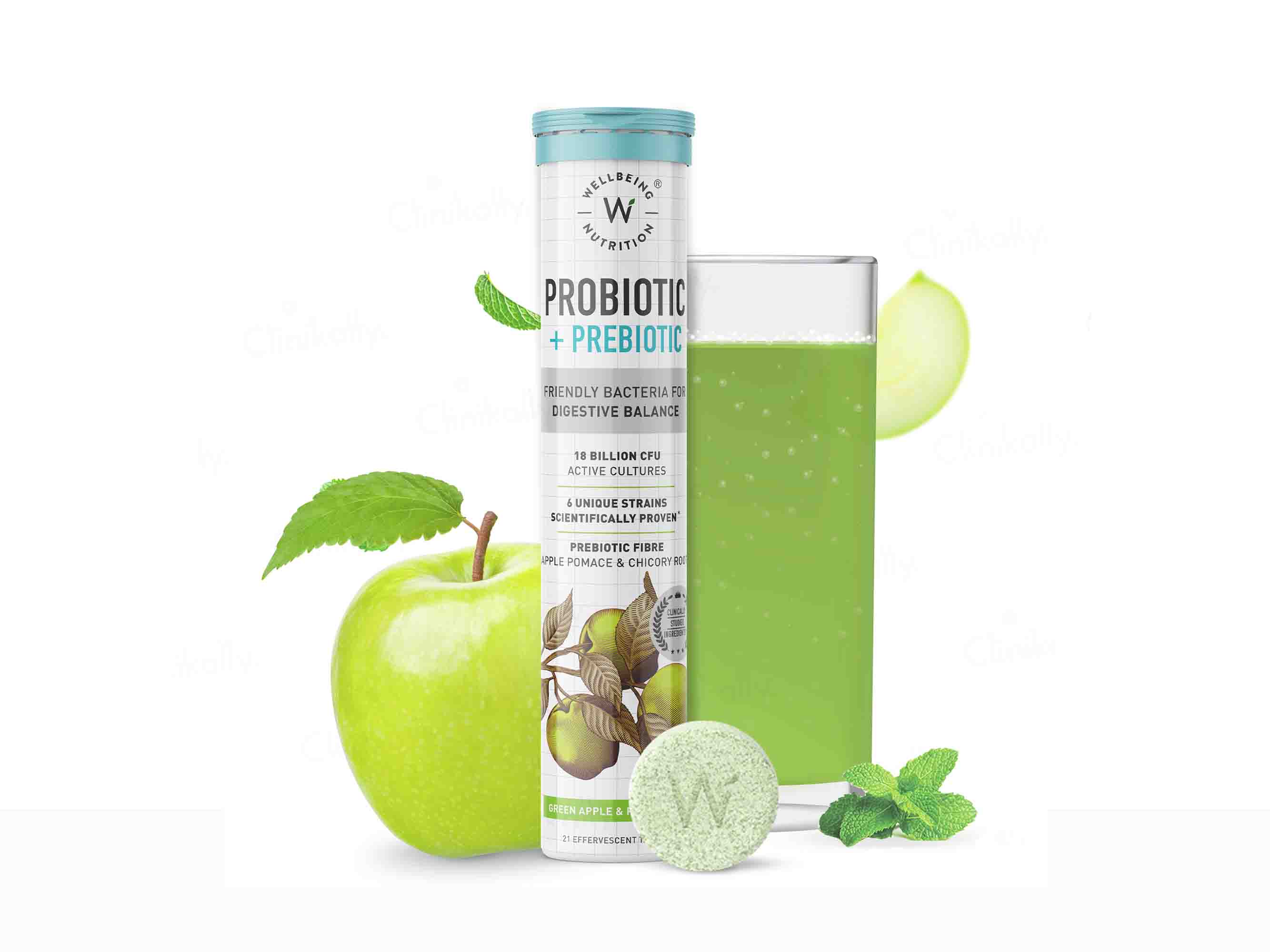 Wellbeing Nutrition Probiotic + Prebiotic Tablet - Green Apple & Peppermint Flavour - Clinikally