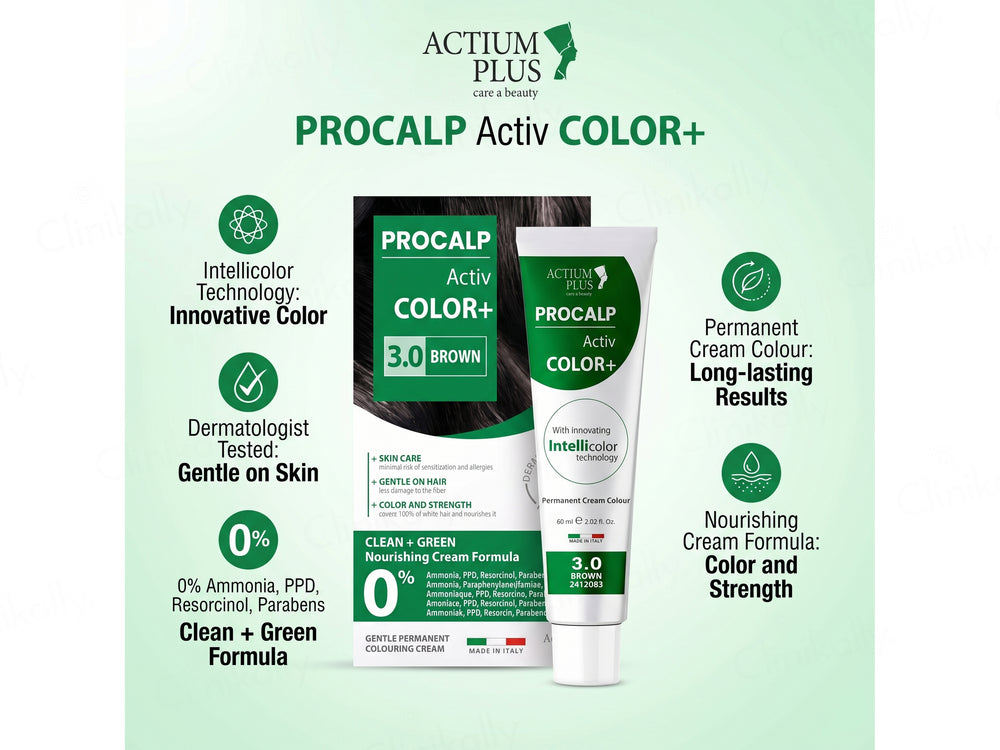 Actium Plus Procalp Activ Color+ Nourishing Gentle Permanent Colouring Cream Kit - 3.0 Brown