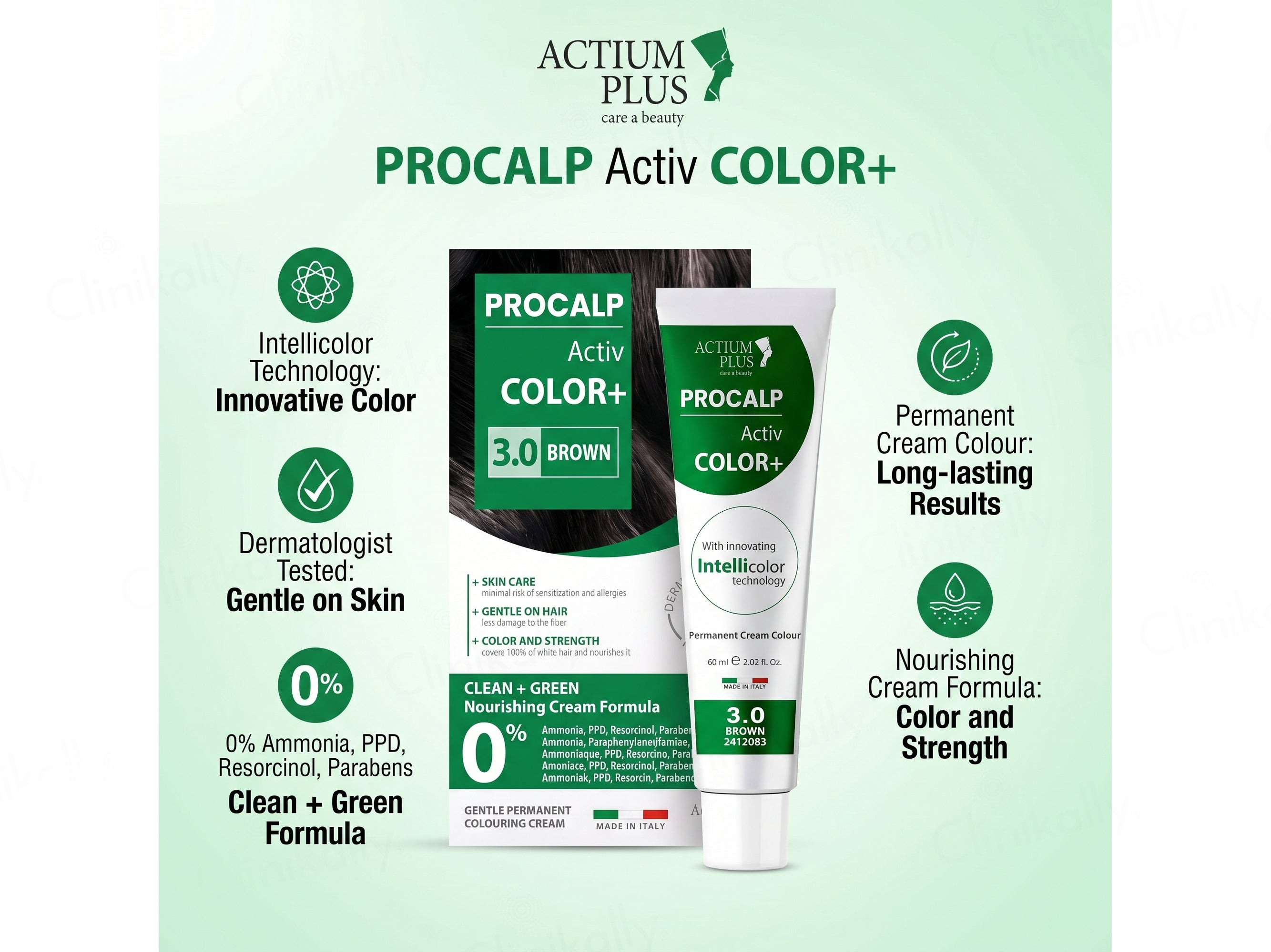 Actium Plus Procalp Activ Color+ Nourishing Gentle Permanent Colouring Cream Kit - 3.0 Brown
