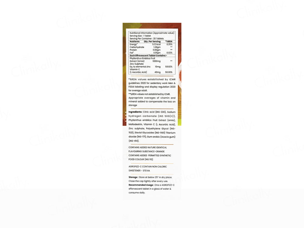 Agrofizz C Natural Vitamin C 1000mg & Zinc Sugar Free Effervescent Tablet