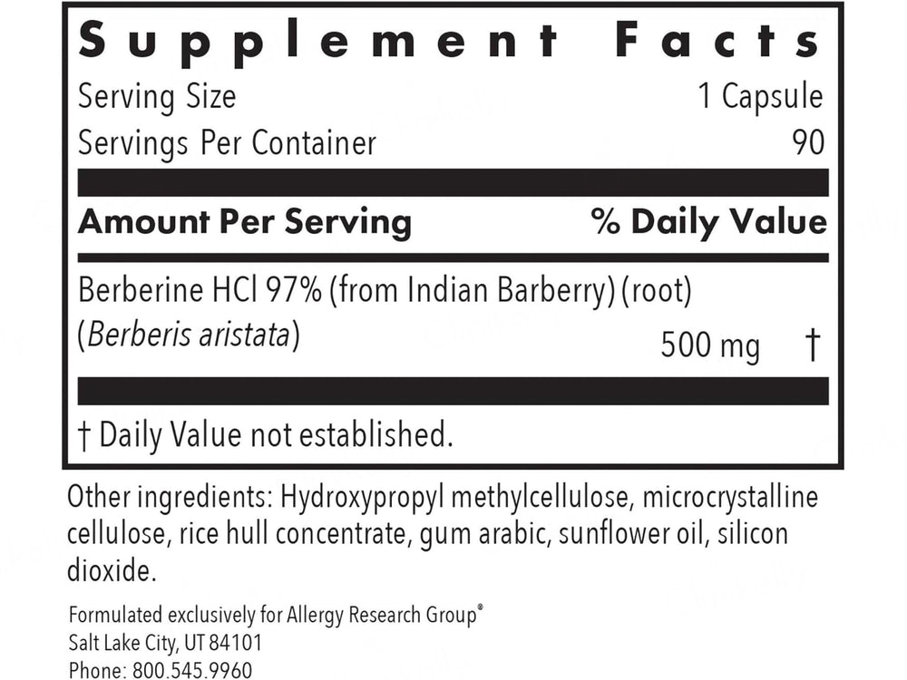 Allergy Research Group Berberine 500 Dietary Supplement Vegetarian Capsule