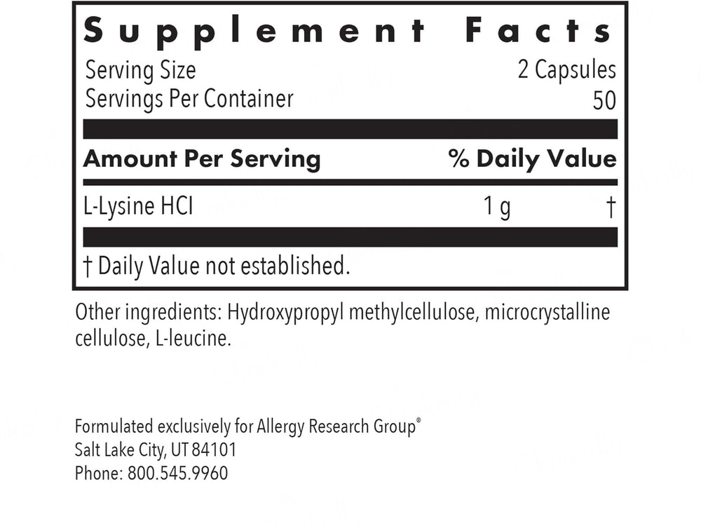 Allergy Research Group L-Lysine Free Form Amino Acid Dietary Supplement Vegetarian Capsule