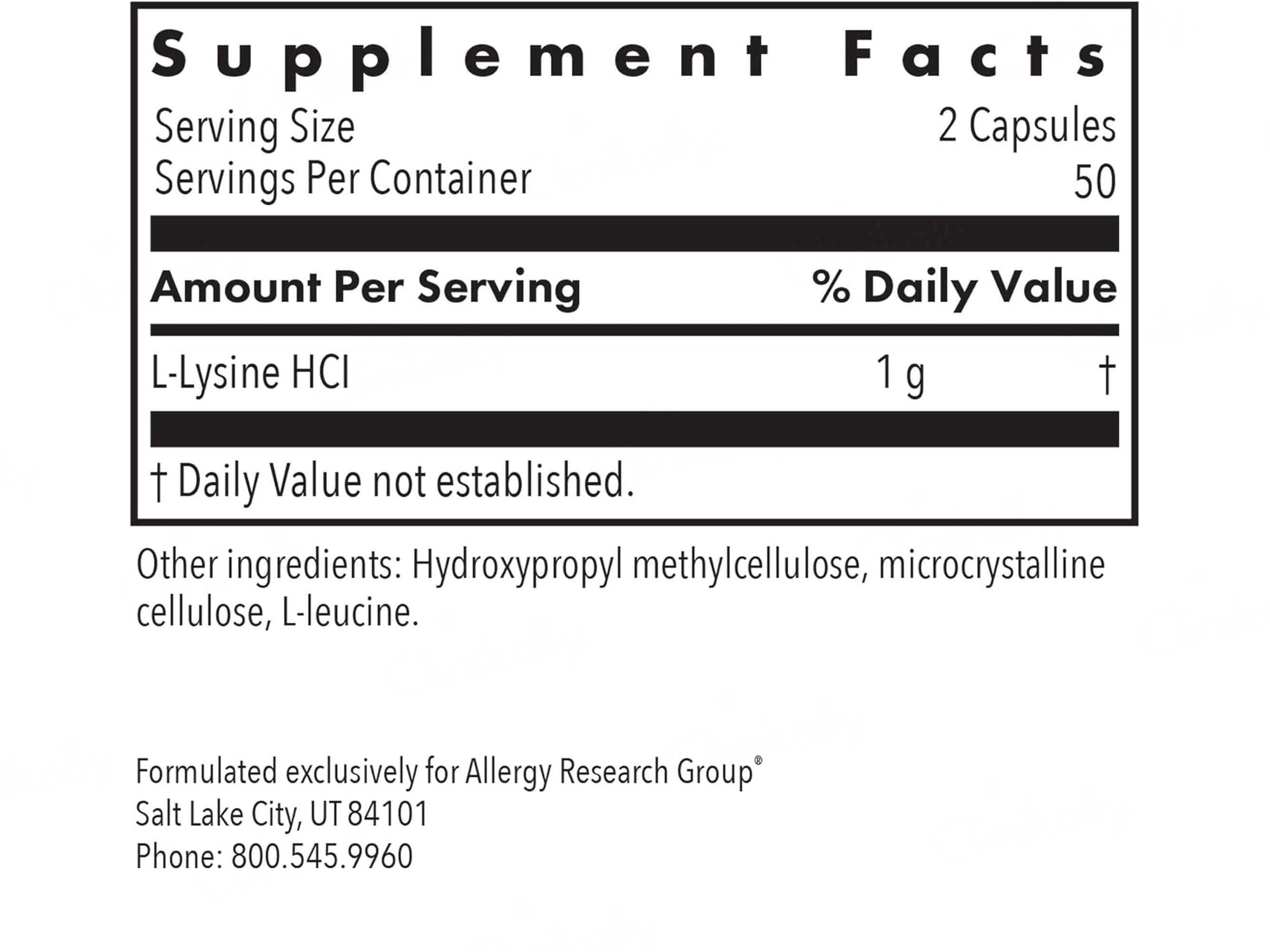 Allergy Research Group L-Lysine Free Form Amino Acid Dietary Supplement Vegetarian Capsule