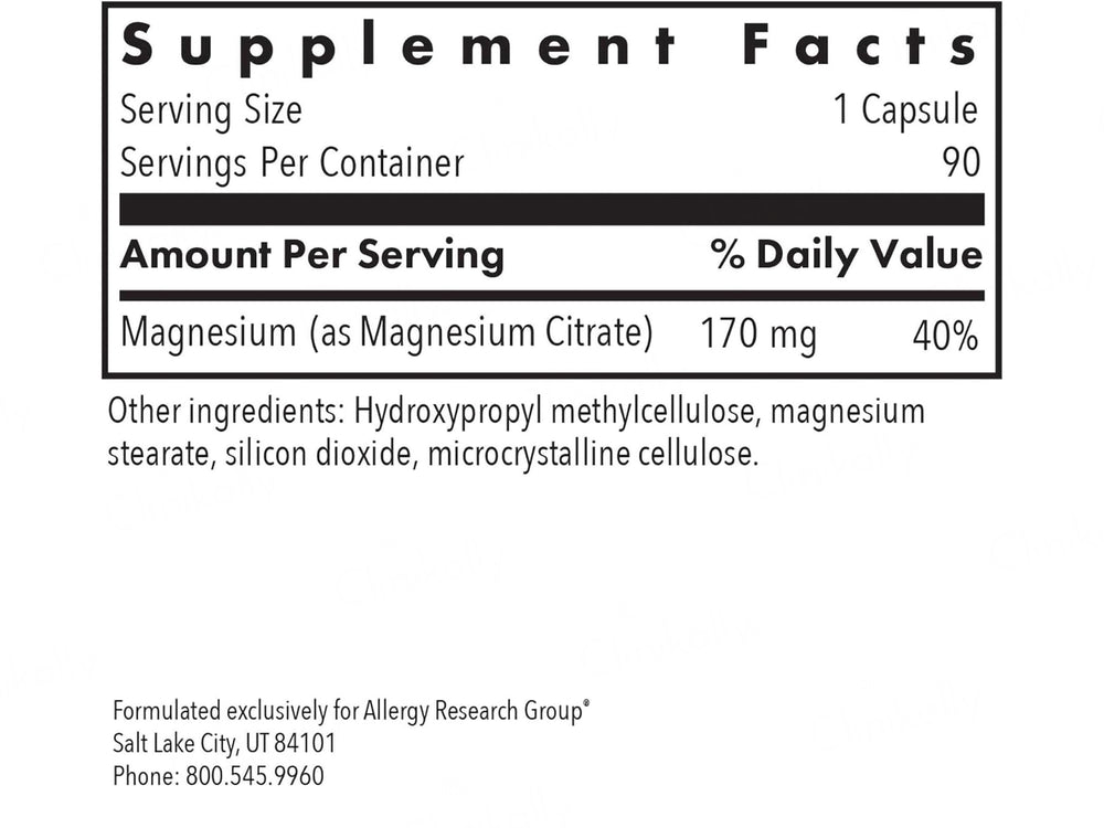 Allergy Research Group Magnesium Citrate Dietary Supplement Vegetarian Capsule
