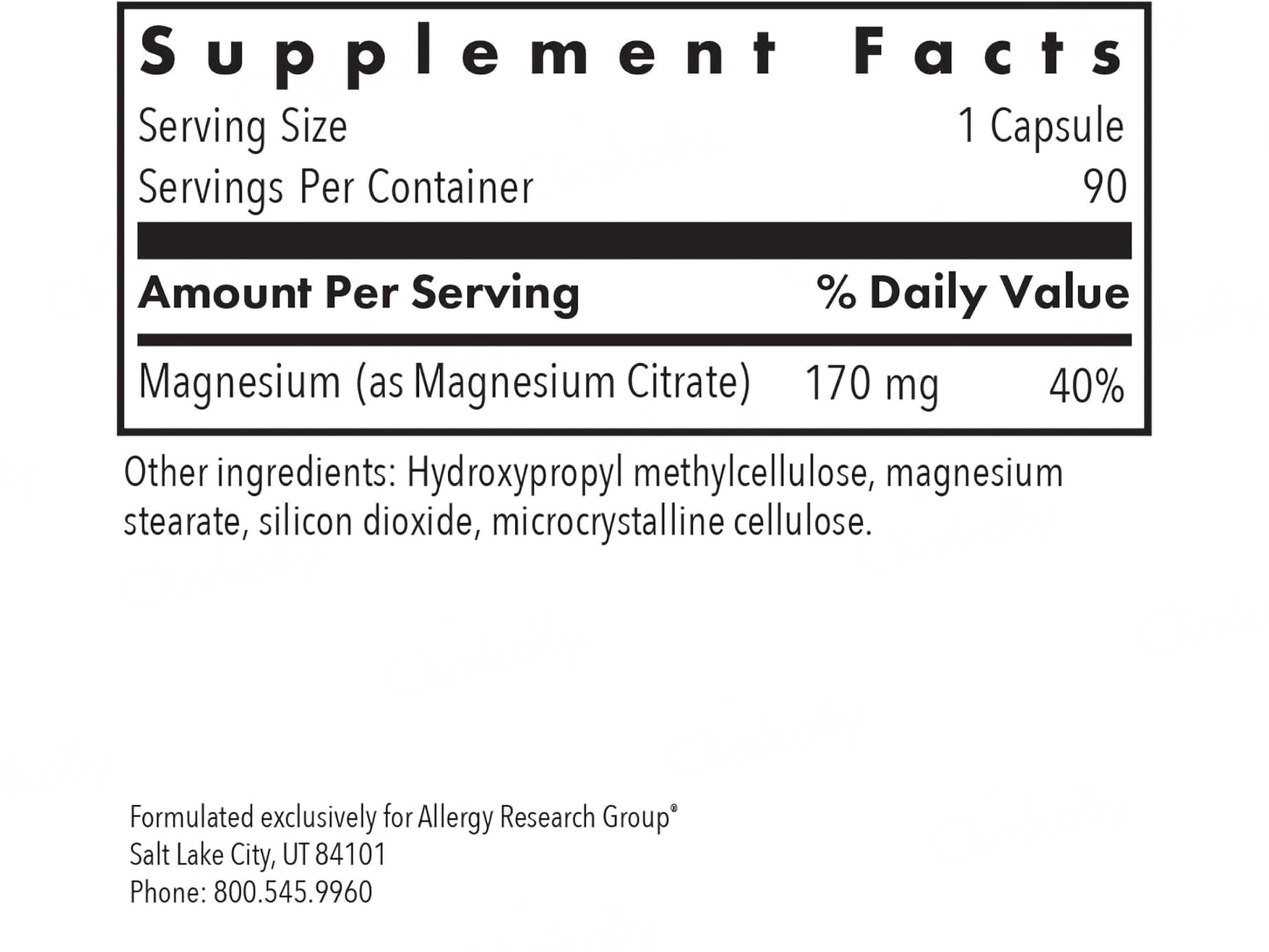 Allergy Research Group Magnesium Citrate Dietary Supplement Vegetarian Capsule