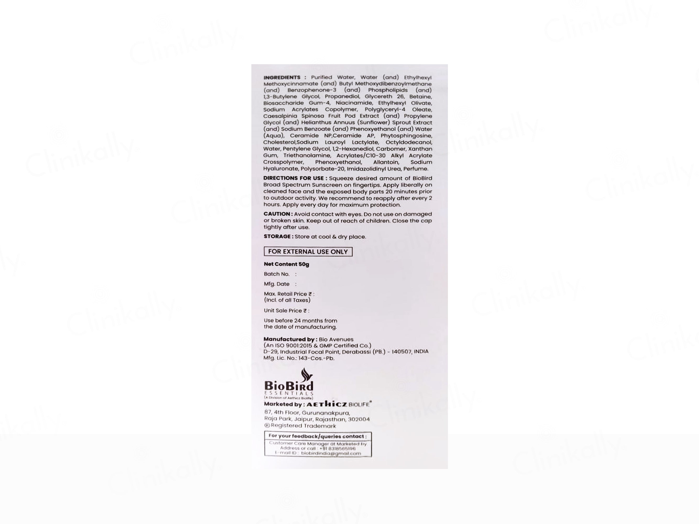 BioBird Ceramides & Niacinamide Sunscreen SPF 50 PA+++