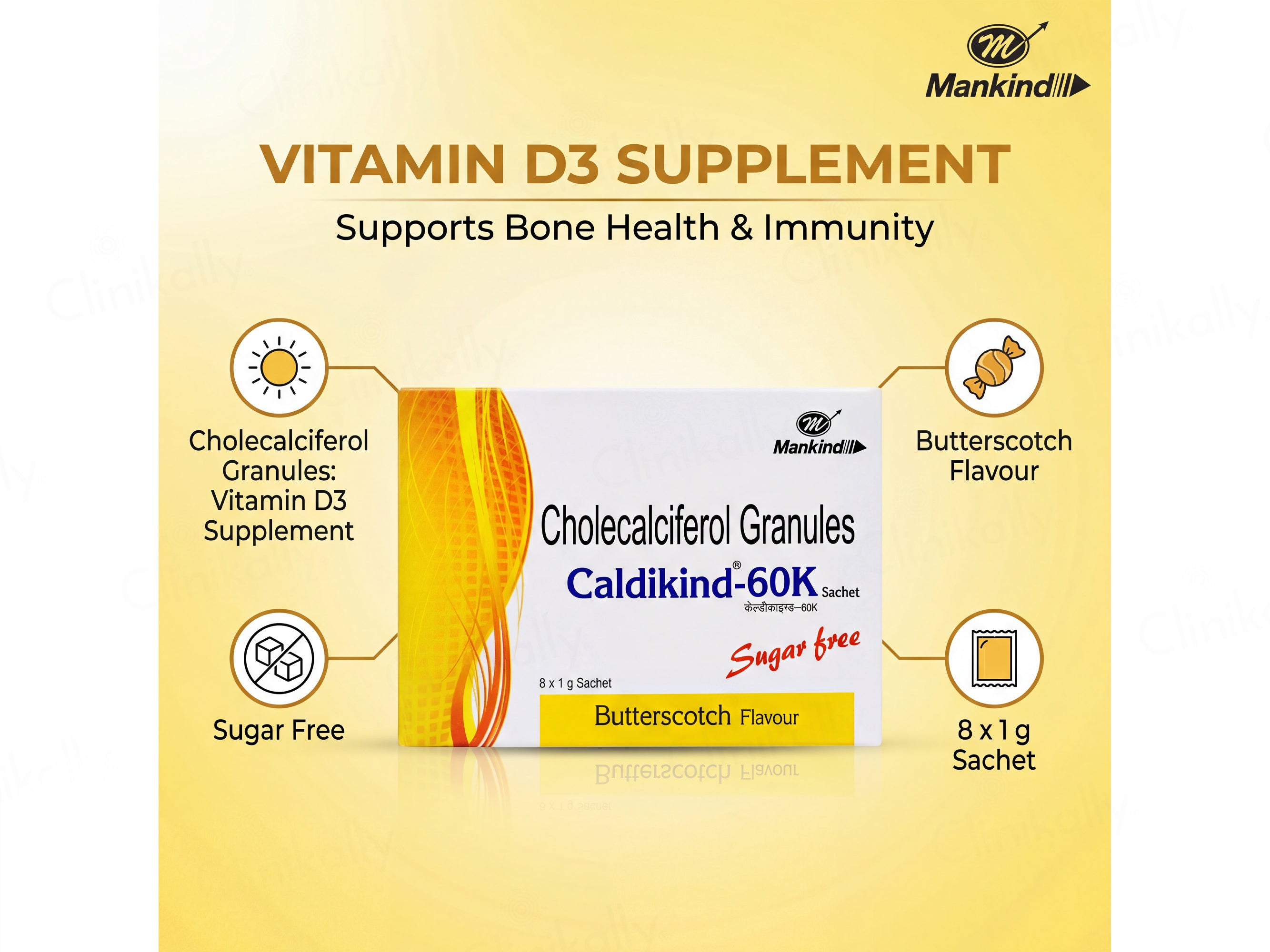 Caldikind-60K Cholecalciferol Sugar Free Granules - Butterscotch Flavour