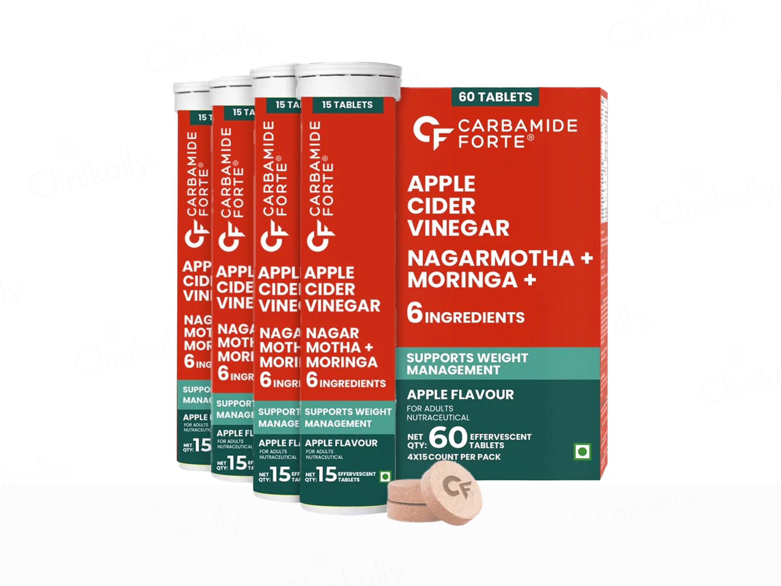 Carbamide Forte Apple Cider Vinegar Nagarmotha + Moringa Effervescent Tablet - Apple Flavour