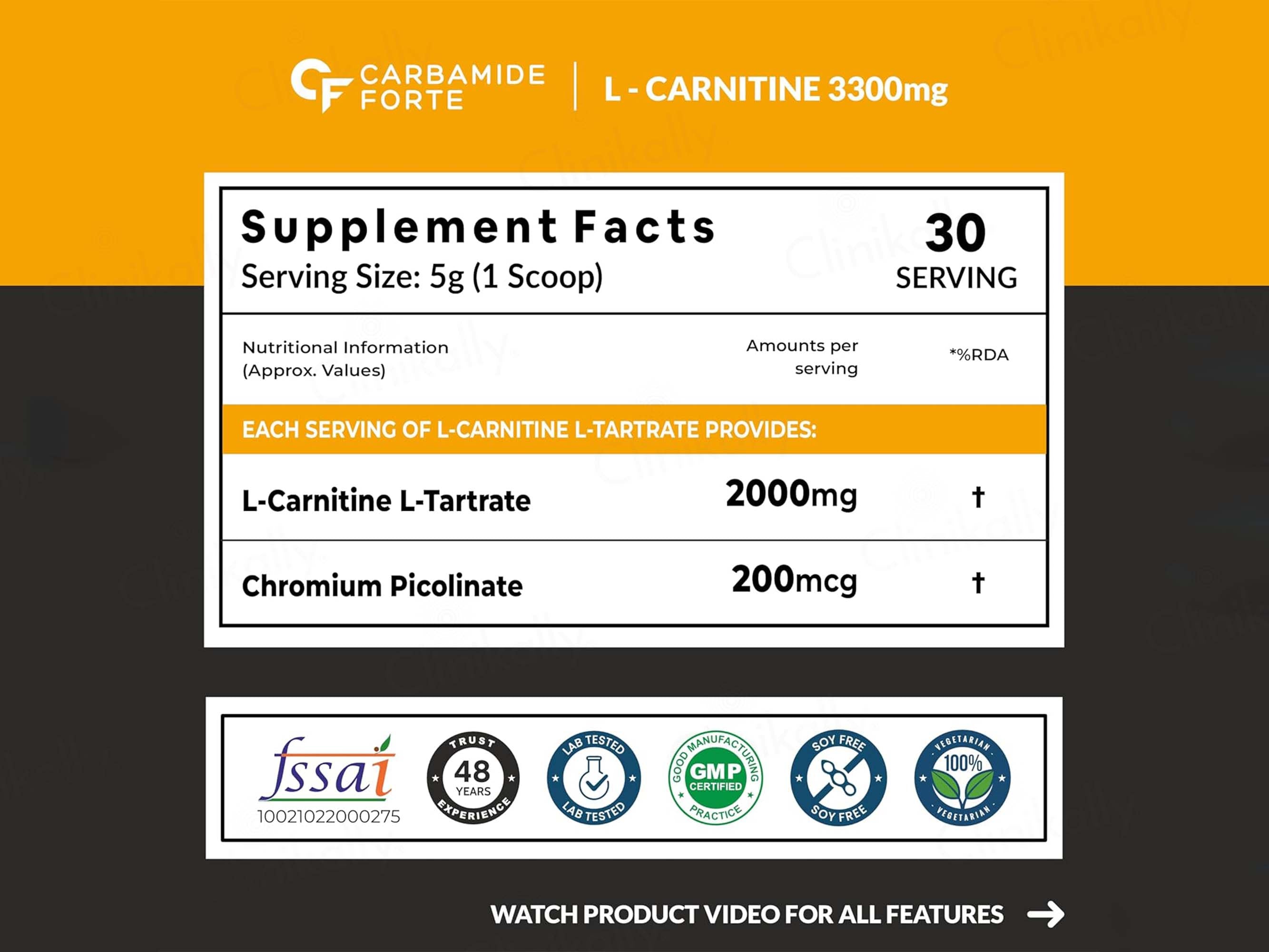 Carbamide Forte L-Carnitine L-Tartrate 2000mg Pre & Post Workout Powder - Mango Flavour
