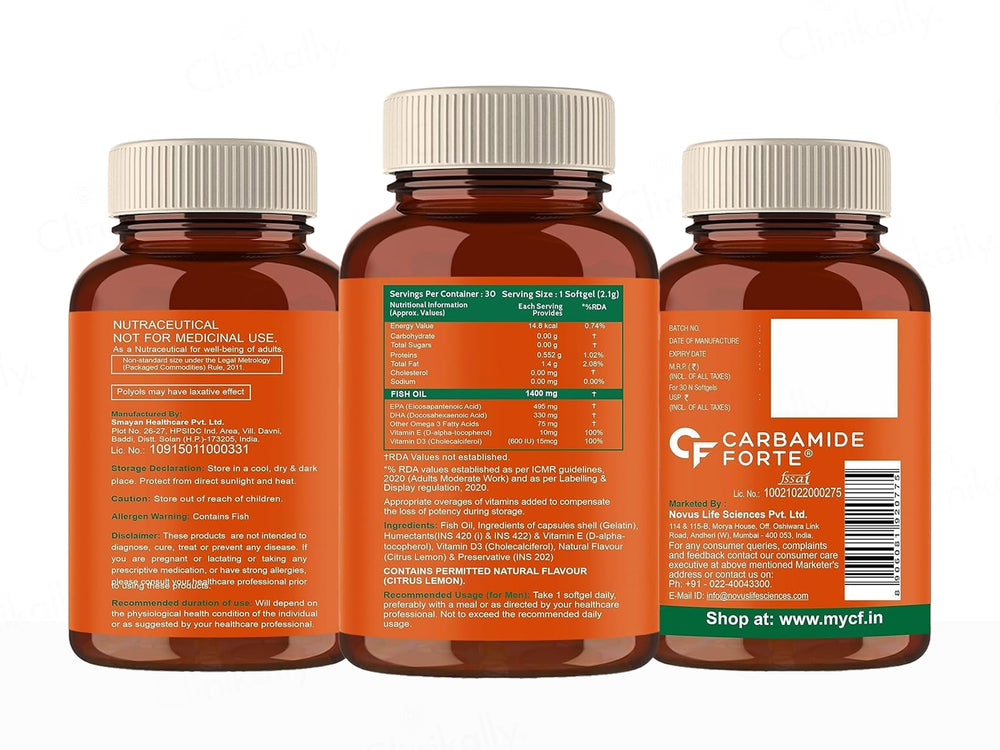 Carbamide Forte Triple Strength Fish Oil 1400mg + Vitamin D3 + E Softgel Capsule