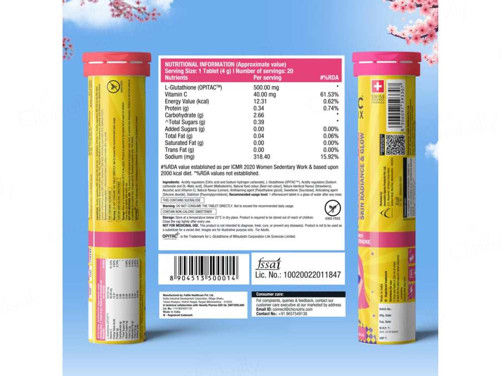 Chic Nutrix Glow 500mg Glutathione + Vit. C Effervescent Tablet