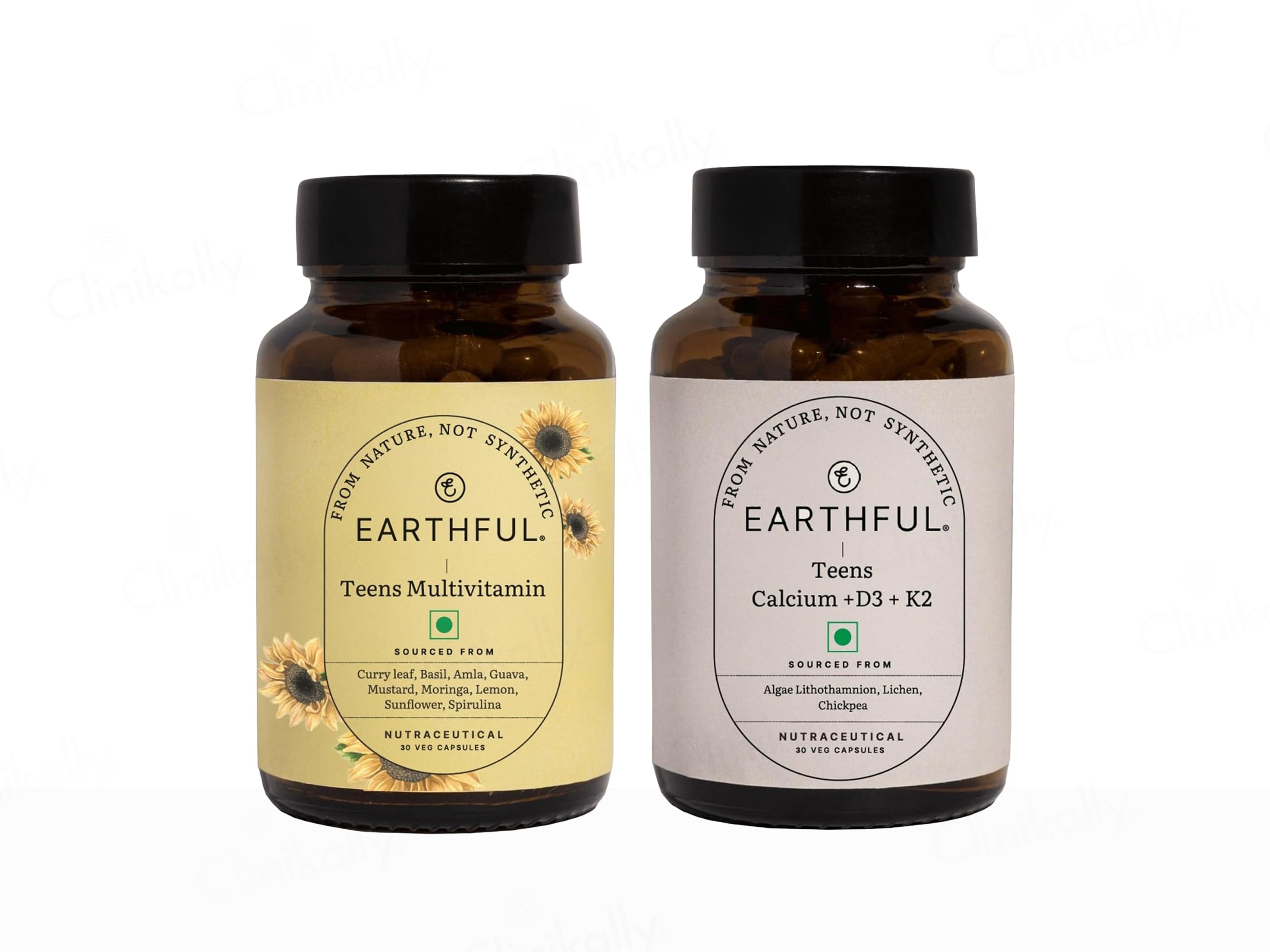 Earthful Multivitamin, Calcium + D3 + K2 Nutraceutical Veg Capsule Combo Kit For Teens