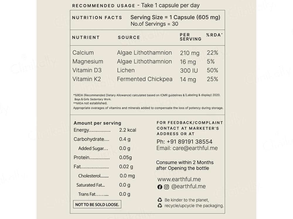 Earthful Multivitamin, Calcium + D3 + K2 Nutraceutical Veg Capsule Combo Kit For Teens