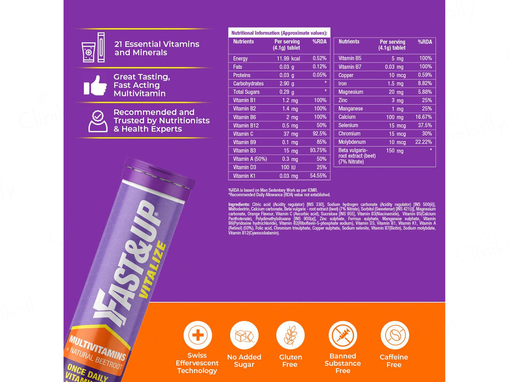 Fast&Up Vitalize Multivitamins + Beetroot Nutraceutical Effervescent Tablet - Orange Flavour
