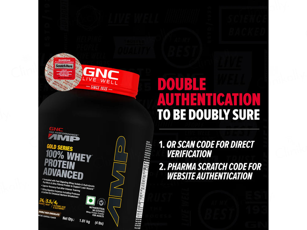 GNC Pro Performance AMP Gold 100% Whey Protein Advanced Powder - Double Rich Chocolate Flavour