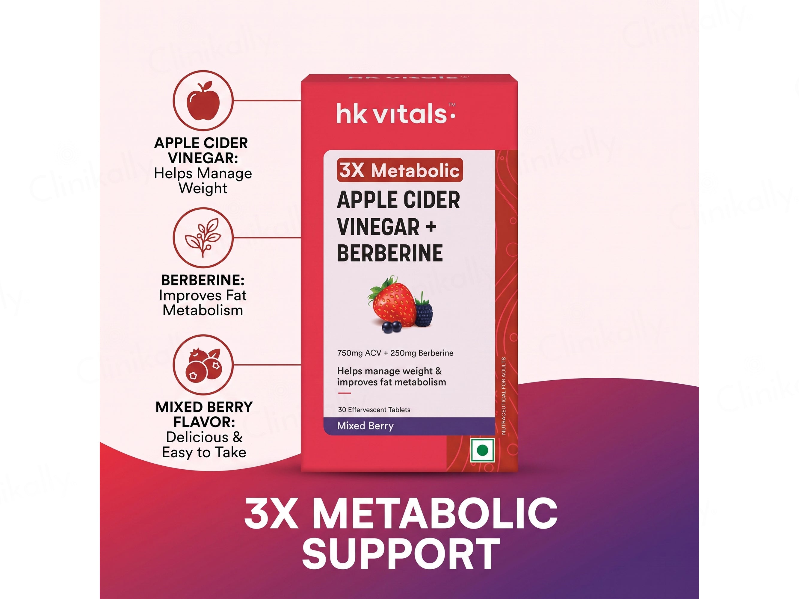 HK Vitals 3X Metabolic Apple Cider Vinegar + Berberine Effervescent Tablet - Mixed Berry Flavour