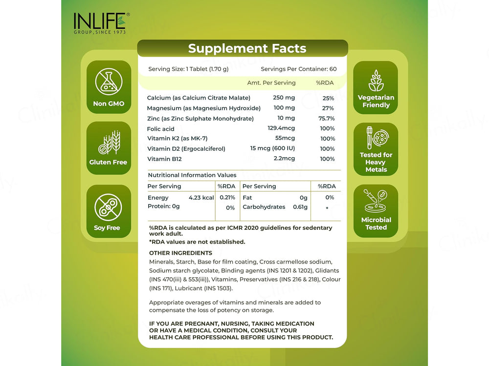 Inlife Bonelife Plus Calcium, Zinc, Magnesium, Vitamin D2 + K2 Tablet