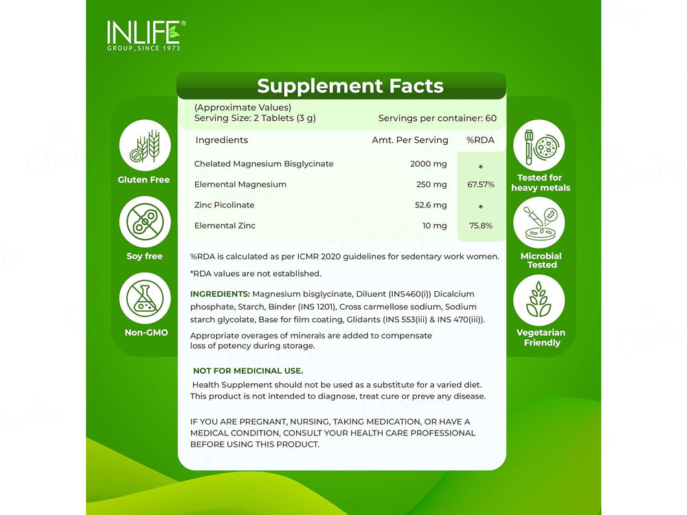 Inlife High Absorption Chelated Magnesium Glycinate 2000mg With Zinc Supplement Tablet