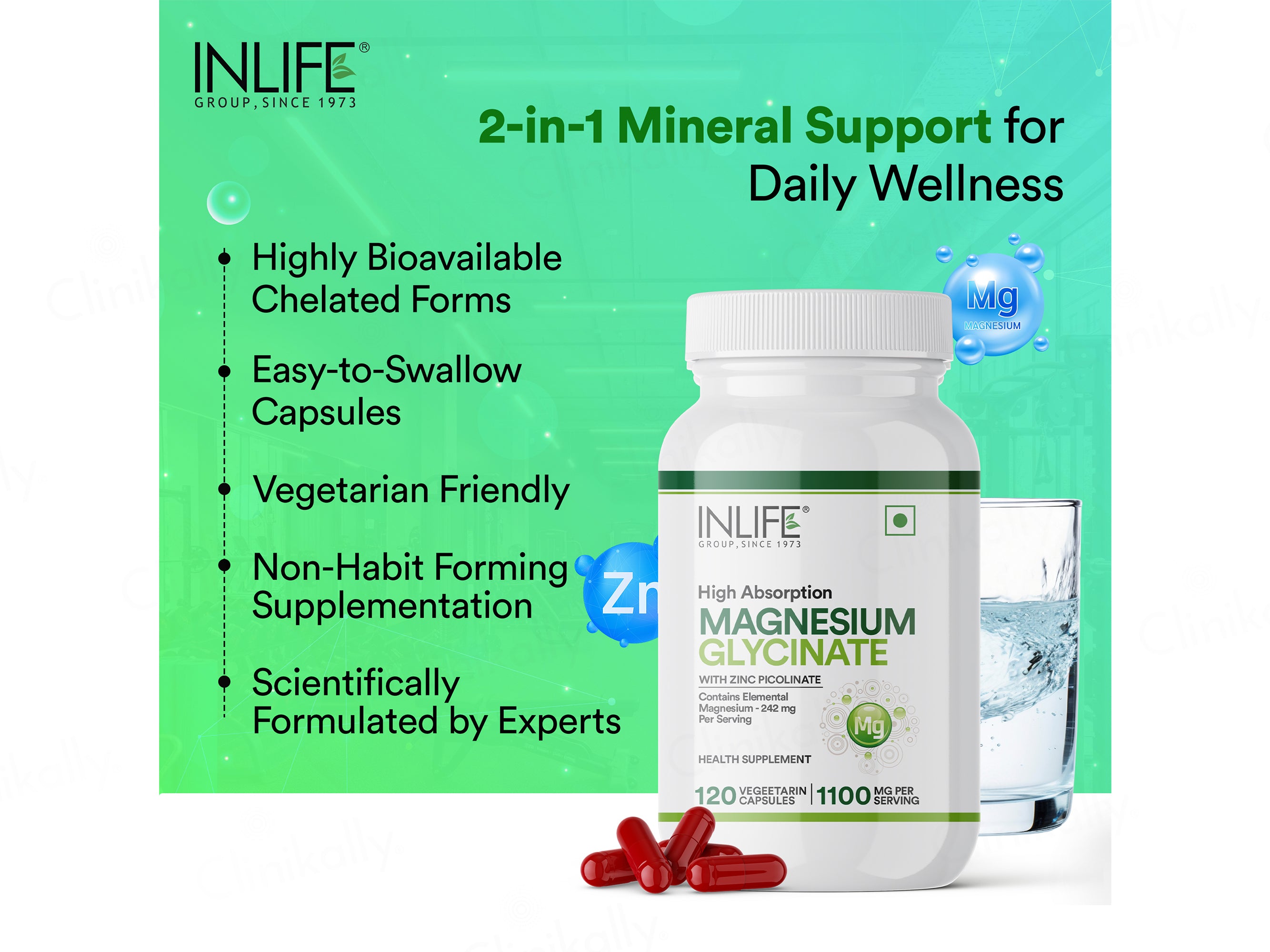 Inlife High Absorption Magnesium Glycinate 1100mg Vegetarian Capsule