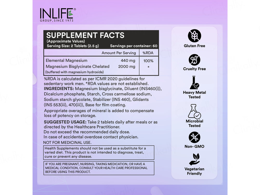 Inlife High Absorption Magnesium Glycinate Forte 2000mg Supplement Tablet
