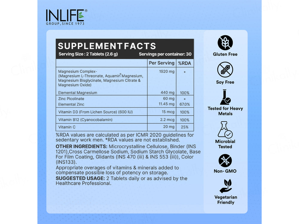 Inlife High Strength Magnesium Complex 5x 2000mg Health Supplement Veg Tablet