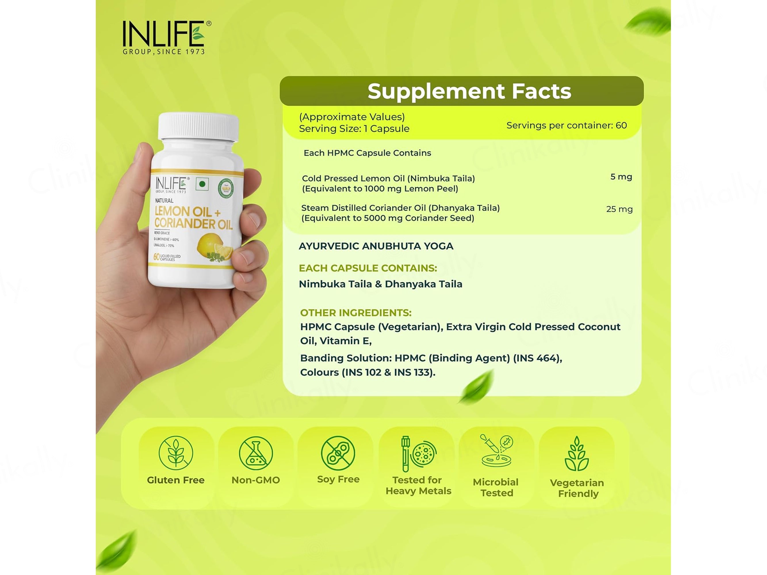 Inlife Natural Lemon Oil + Coriander Oil Liquid Filled Veg Capsule