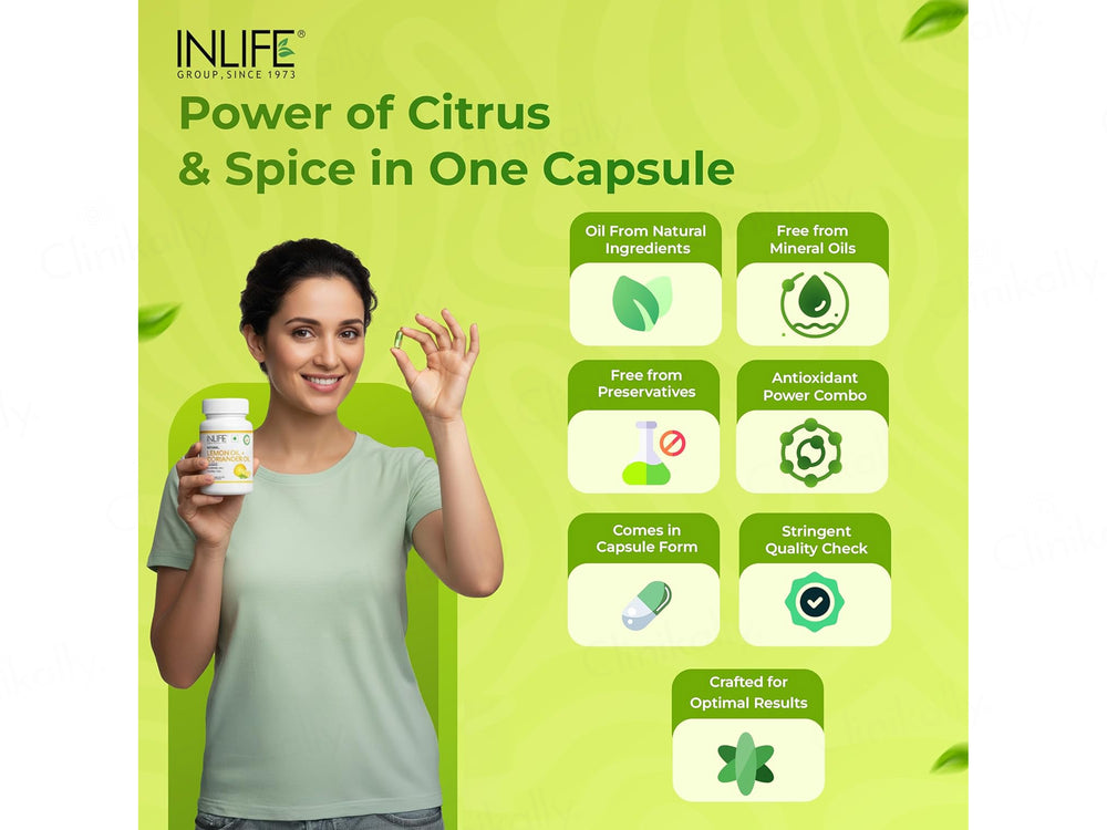 Inlife Natural Lemon Oil + Coriander Oil Liquid Filled Veg Capsule