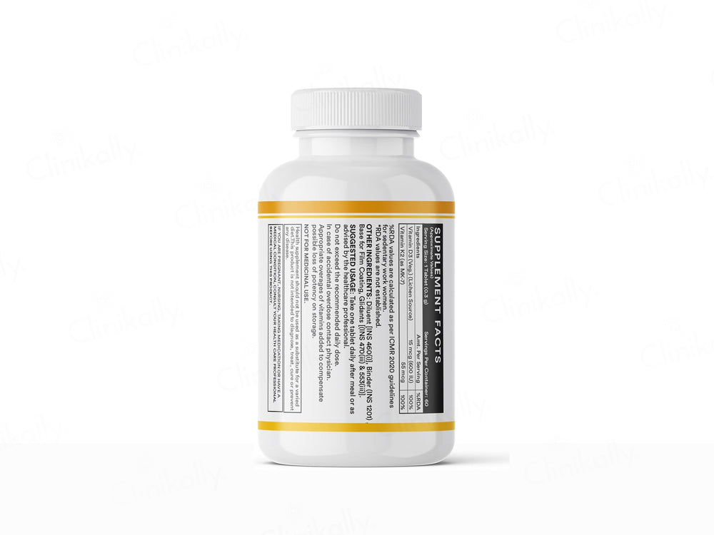 Inlife Plant Based Vitamin D3 600 I.U. + K2 Health Supplement Tablet