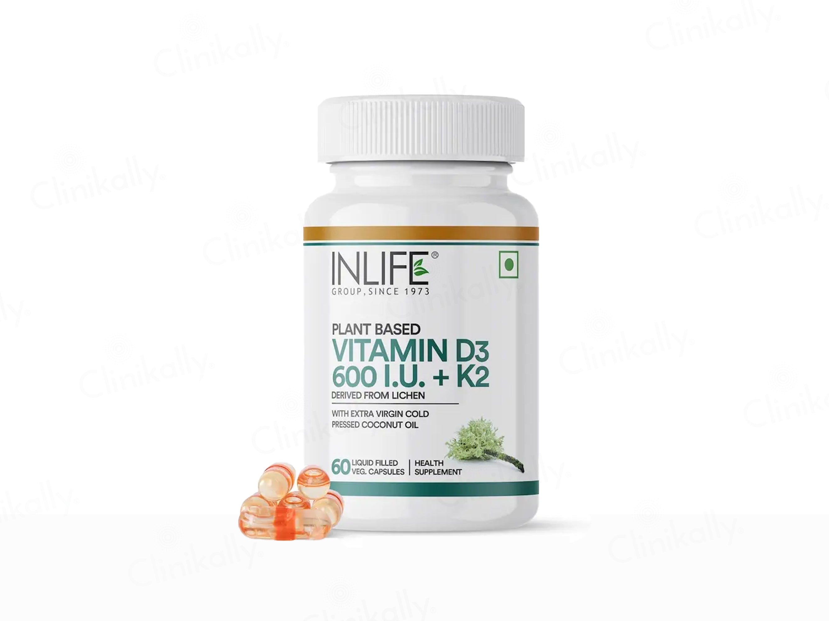 Inlife Plant Based Vitamin D3 600 I.U. + K2 Liquid Filled Vegetarian Capsule