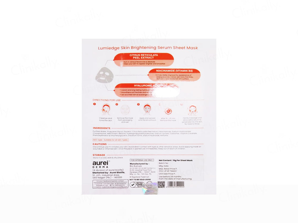 Lumiedge Serum Skin Brightening Sheet Mask With Citrus Reticulata Peel Extract & Niacinamide