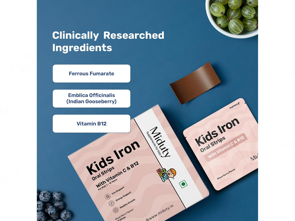 Miduty Kids Iron With Vitamin C & B12 Oral Strip - Mixed Berry Flavour