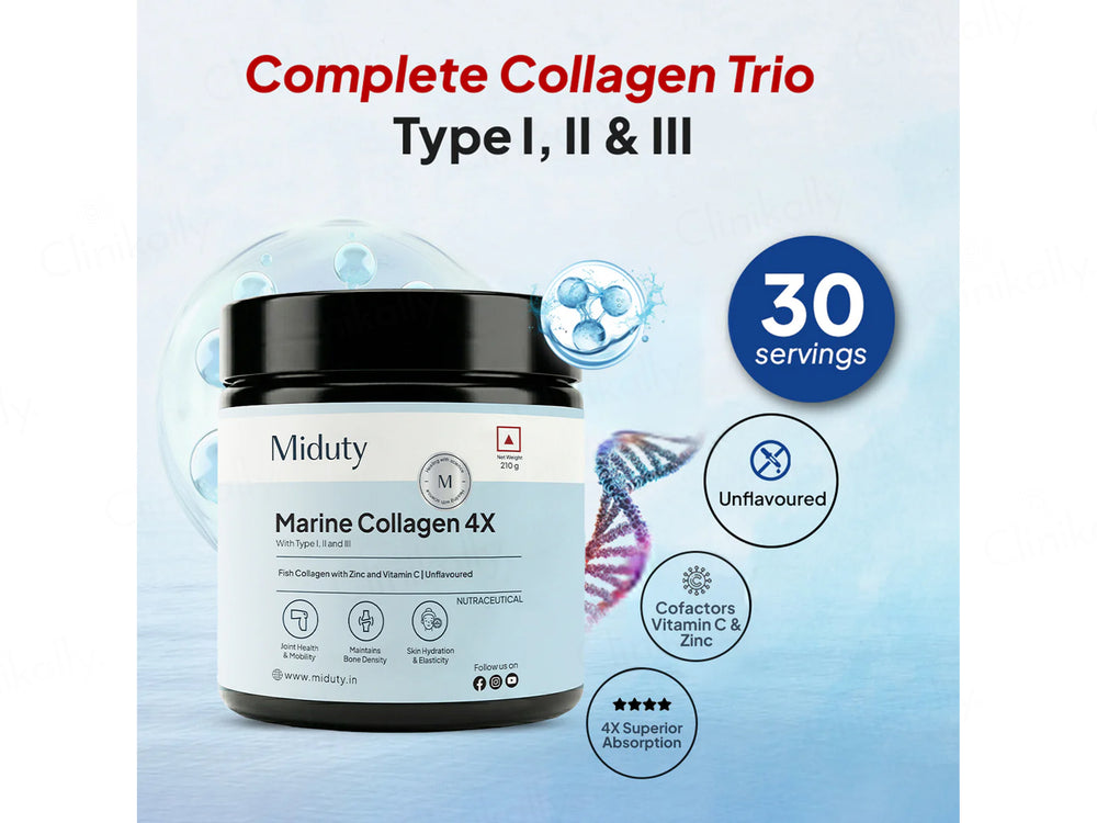 Miduty Type 1, 2 & 3 Hydrolyzed Marine Collagen 4X Peptides Powder - Unflavoured