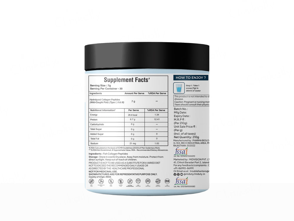 Miduty Type 1, 2 & 3 Hydrolyzed Marine Collagen 4X Peptides Powder - Unflavoured