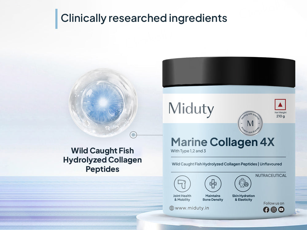 Miduty Type 1, 2 & 3 Hydrolyzed Marine Collagen 4X Peptides Powder - Unflavoured