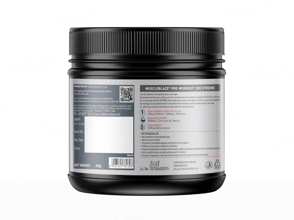 MuscleBlaze Pre-Workout 200 Xtreme Nutraceutical Powder - Fruit Punch Flavour