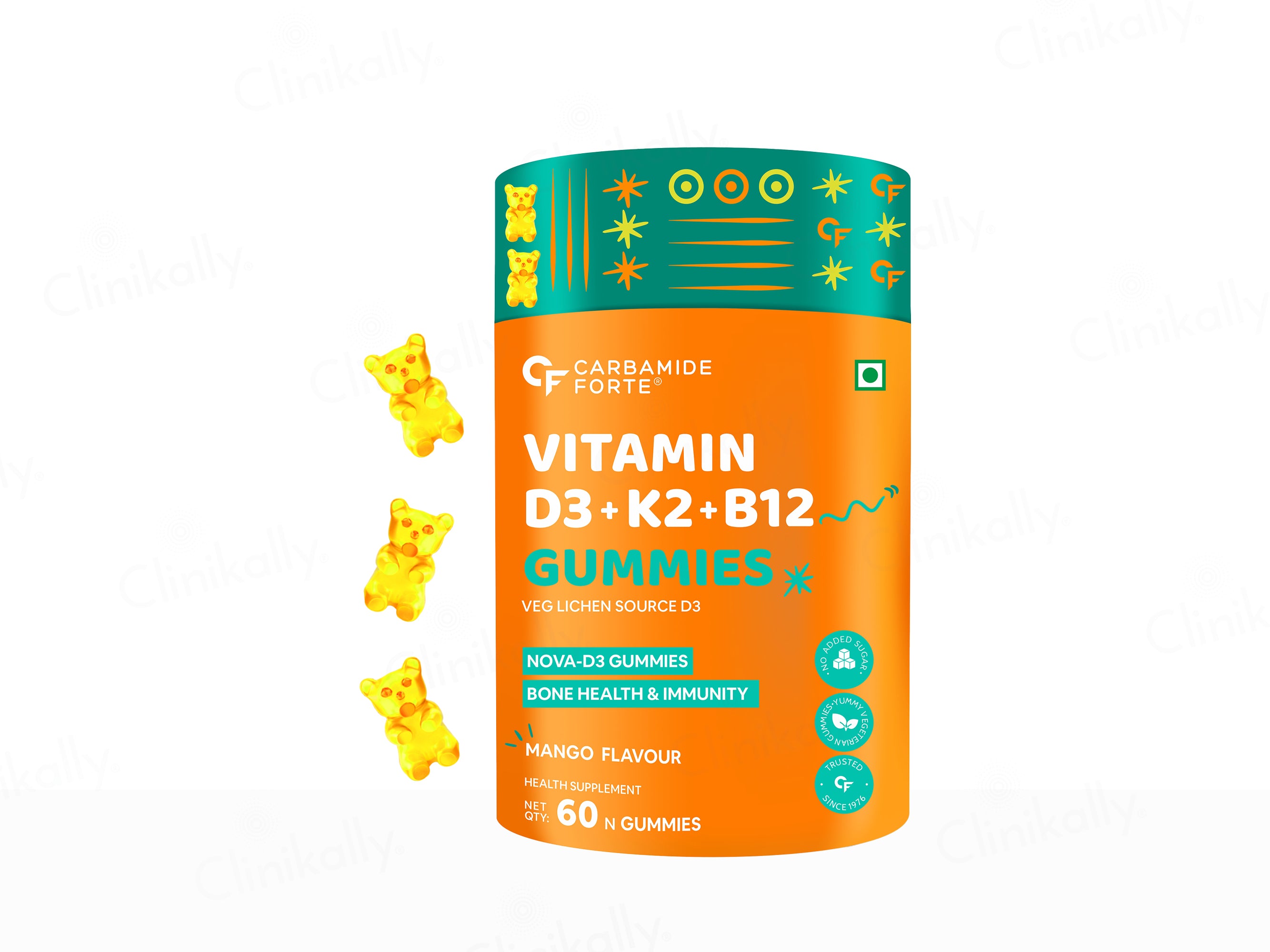 Carbamide Forte Vitamin D3 + Vitamin K2 MK7 + Vitamin B12 Gummies - Mango Flavour
