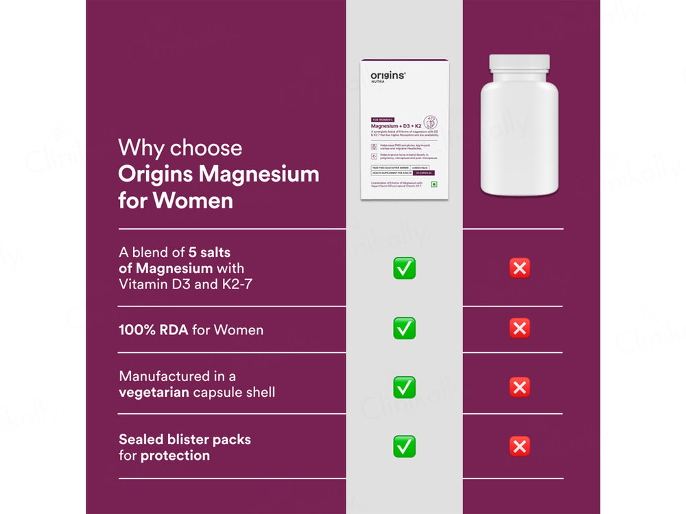 Origins Nutra Magnesium + D3 + K2 Health Supplement Capsule For Women