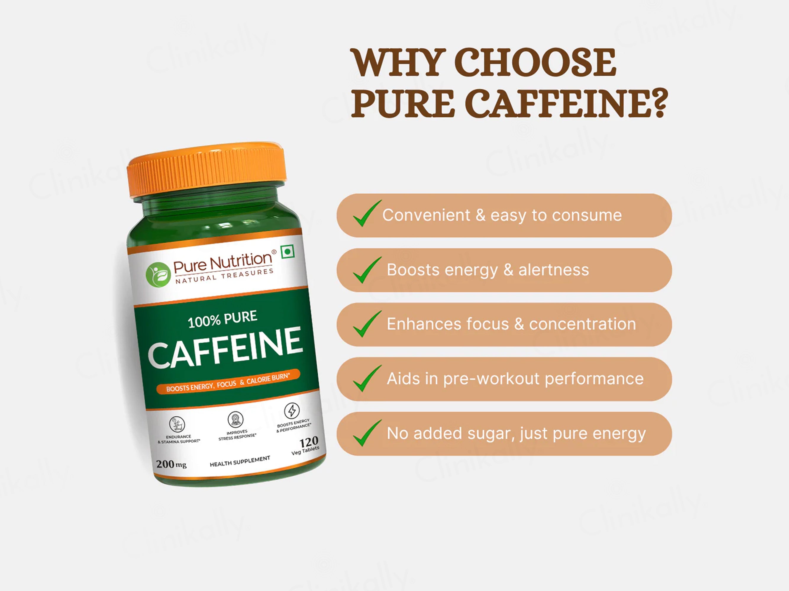 Pure Nutrition 100% Pure Caffeine 200mg Veg Tablet