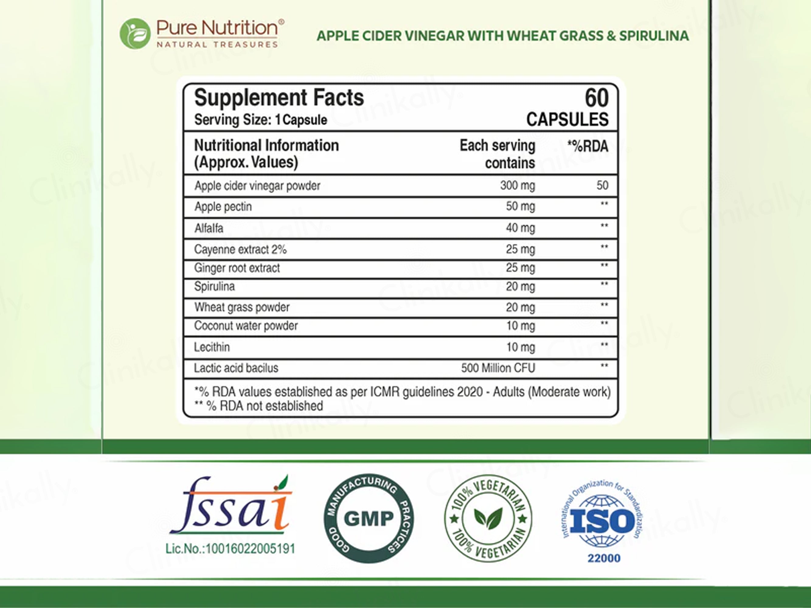 Pure Nutrition Apple Cider Vinegar With Alfa Alfa & Spirulina Veg Capsule