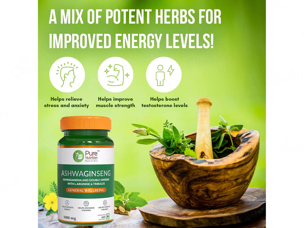 Pure Nutrition Ashwaginseng 1075mg Health Supplement Veg Tablet