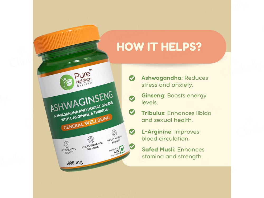 Pure Nutrition Ashwaginseng 1075mg Health Supplement Veg Tablet