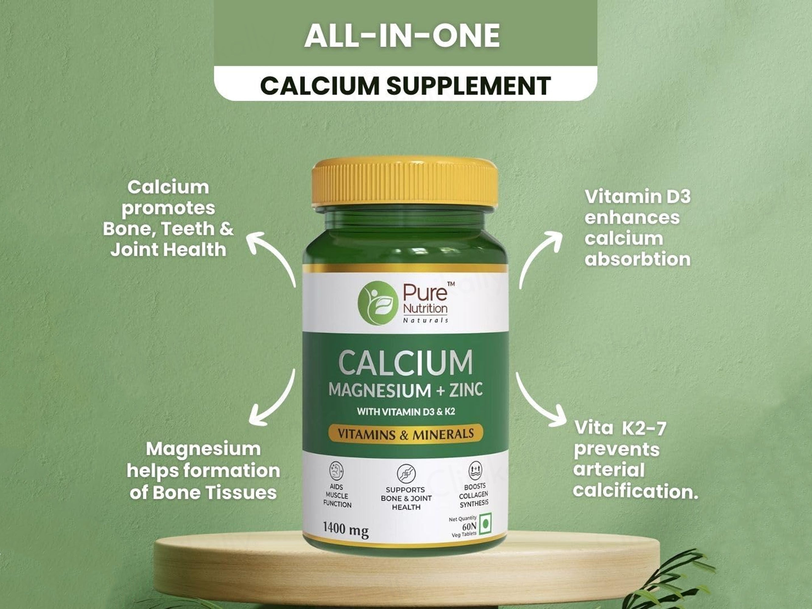 Pure Nutrition Calcium, Magnesium + Zinc With Vitamin D3 & K2 Veg Tablet