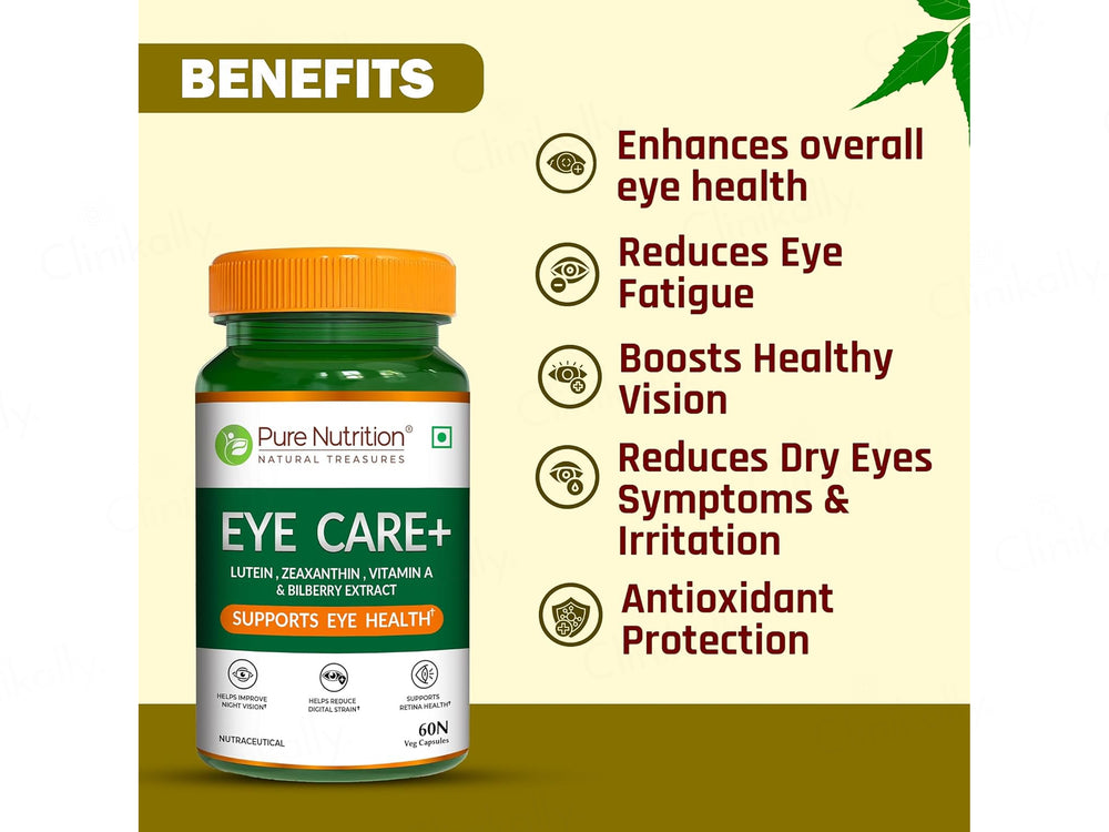 Pure Nutrition Eye Care+ With Lutein, Zeaxanthin, Vitamin A & Bilberry Veg Capsule