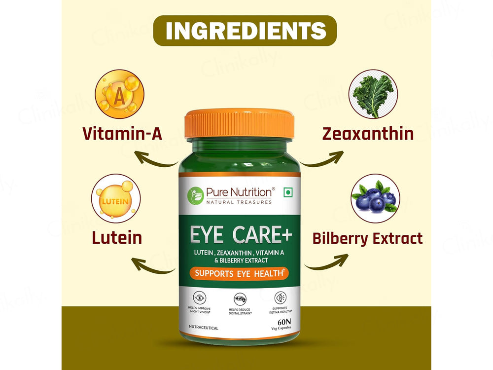 Pure Nutrition Eye Care+ With Lutein, Zeaxanthin, Vitamin A & Bilberry Veg Capsule